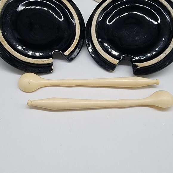 Vintage MCM Shawnee Condiment Bowls With Lids and Spoons Black & Ivory Color - Picture 5 of 10